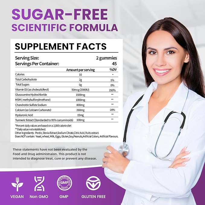 Joint Support Gummies with Glucosamine Chondroitin, Sugar Free, 1500mg Extra Strength with MSM & Turmeric (90 Count)
