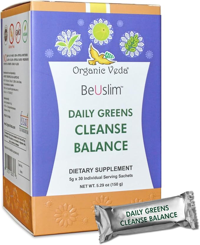 Organic Veda BeUslim Daily Greens Cleanse Balance with Ashwagandha, Spirulina - Super Greens Dietary Supplement - Promotes Digestion - 5gx30 Sachets
