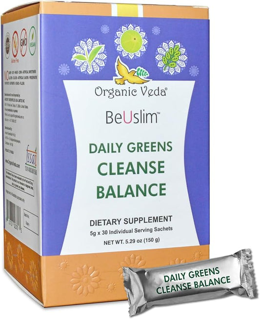 Organic Veda BeUslim Daily Greens Cleanse Balance with Ashwagandha, Spirulina - Super Greens Dietary Supplement - Promotes Digestion - 5gx30 Sachets