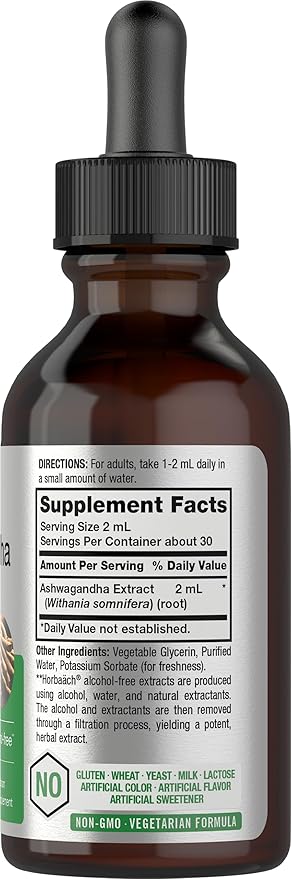 Horbäach Ashwagandha Root Liquid Extract | 2 fl oz | Alcohol Free Tincture | Vegetarian, Non-GMO, Gluten Free Supplement