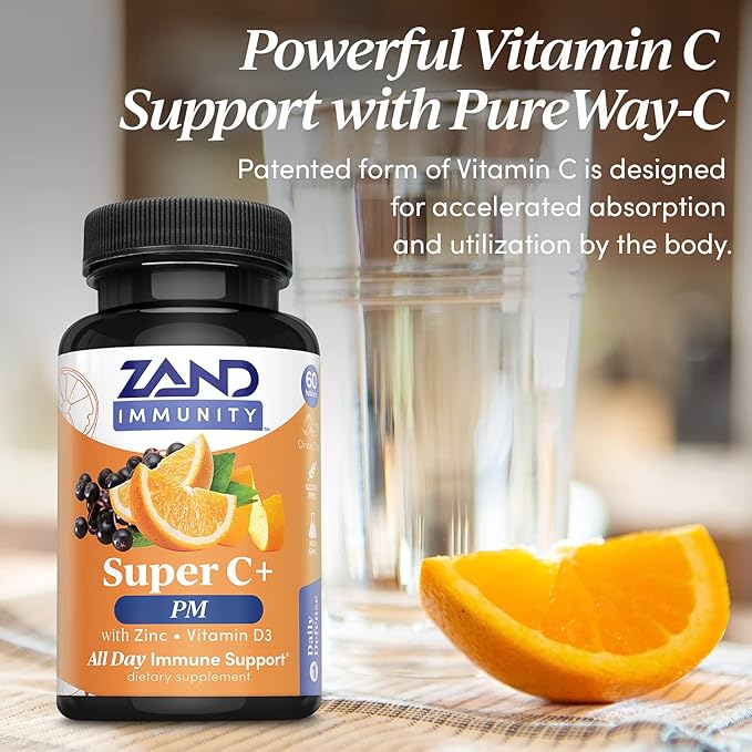 Zand Immunity Super C+ PM, Nighttime Immune Support Plus Melatonin, 1000mg PureWay-C Vitamin C, Zinc, D3 & Elderberry, Enhanced Absorption - 60 Tablets, 30 Servings