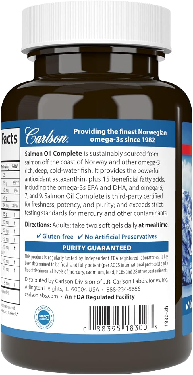 Carlson - Salmon Oil Complete, 700 mg Omega-3s + Astaxanthin, Cardiovascular Support, Brain Function & Joint Health, 60 Softgels
