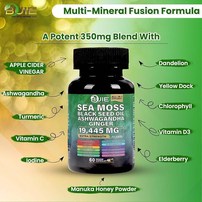BUIE Sea Moss Capsules (Ginger) | Irish Moss with Black Seed Oil, Ashwagandha & Ginger | Seamoss Superfood for Energy, Immunity, Joint & Skin Health | Vegan, Non-GMO | 60 Capsules