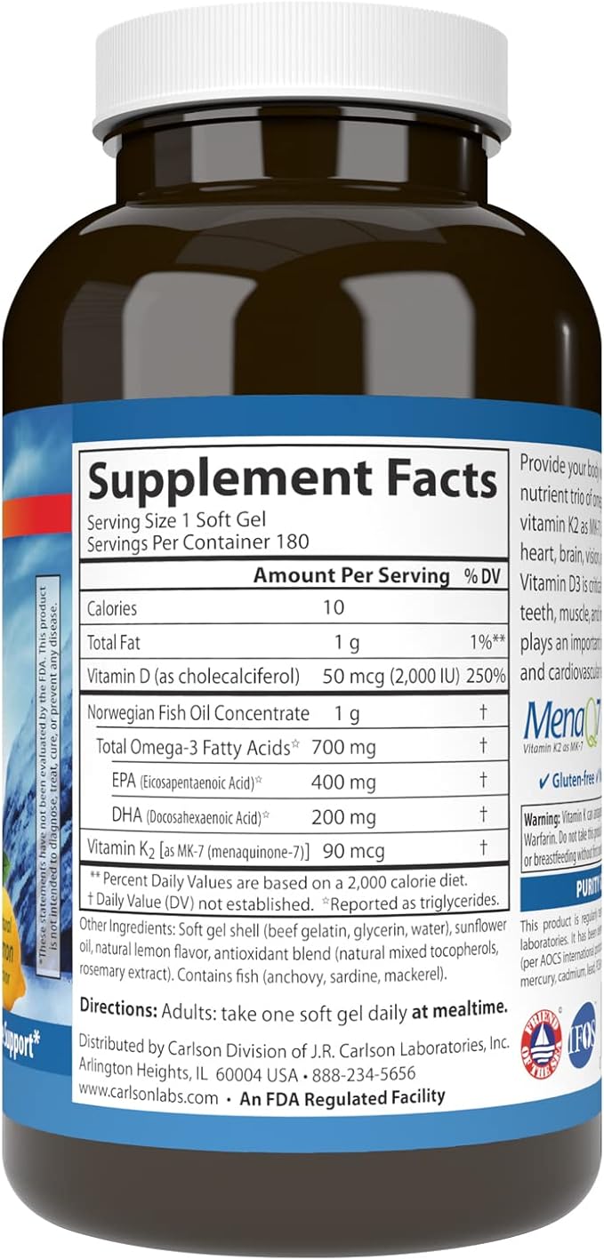 Carlson - Elite Omega-3 Plus D & K, 700 mg Omega-3s + D3 & K2, Function, Bone Health & Immune Support, Lemon, 180 Softgels