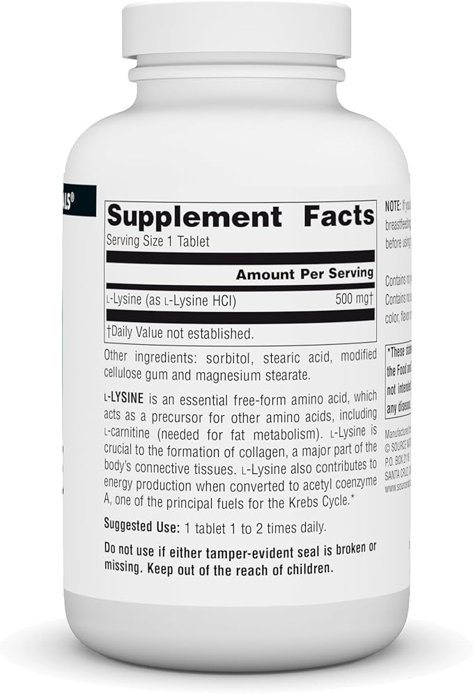Source Naturals L-Lysine 500 mg Free Form - Amino Acid Supplement Supports Energy Formation & Collagen - 250 Tablets