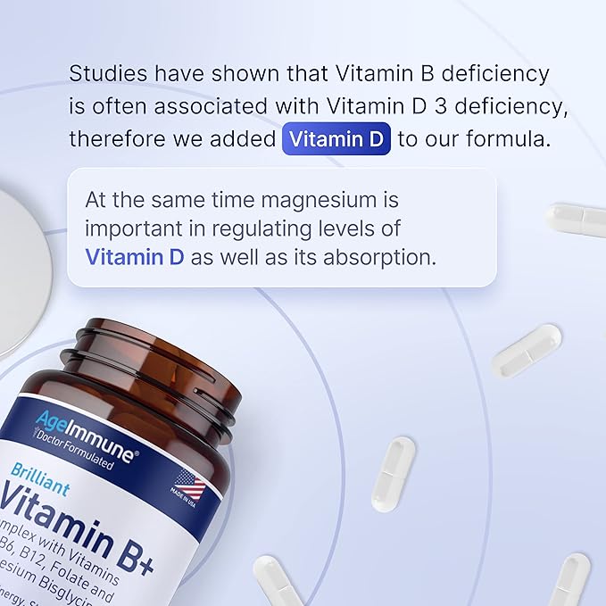 Vitamin B Complex with Vitamin D3 B12 B6 Magnesium Bisglycinate and Folate as Methylfolate - Doctor Formulated Methylated B Complex Supplement – 60 Capsules - Without Niacin