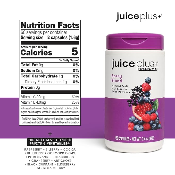 Juice Plus+ Fruit, Vegetable & Berry Blend - Fruit and Vegetable Supplement for Immune Support, Cognitive Health & Radiant Skin - 3 Bottles, (120 Capsules Each)