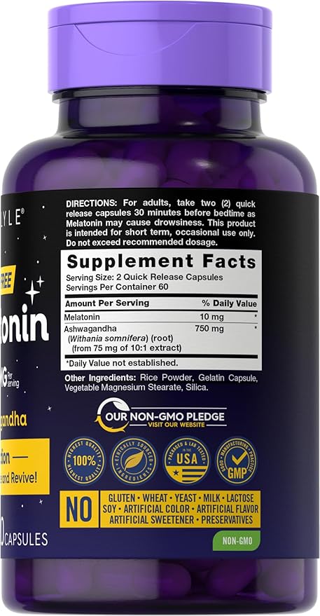 Carlyle Melatonin 10mg | 120 Capsules | with Ashwagandha | Triple Strength Formula | Non-GMO, Gluten Free Supplement
