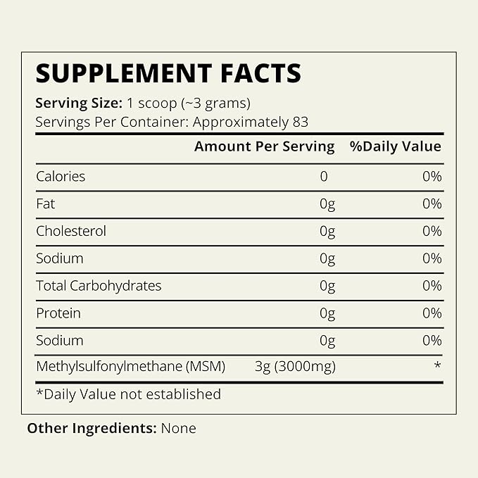 MSM Powder - 100% Organic Sulfur Crystals for Joint Support, Muscle Recovery, Skin Health, Nail & Hair Growth - Lab Tested - 83 Servings (250g)