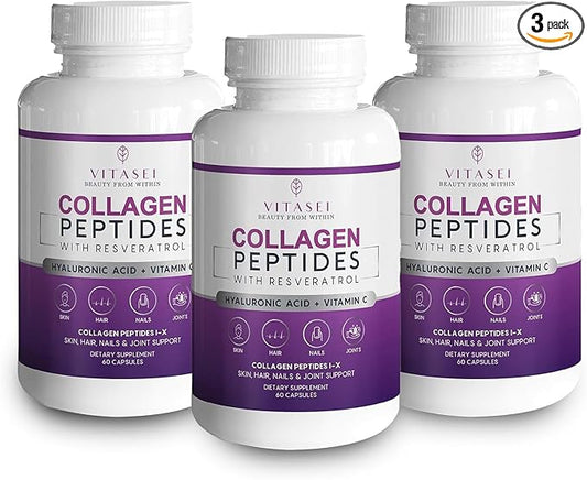 Collagen Peptide Capsules with Hyaluronic Acid, Vitamin C, Biotin and Resveratrol - Collagen Supplements for Women & Men - Hair, Nails, Skin & Joint Vitamins - 60 Count (Pack of 3)