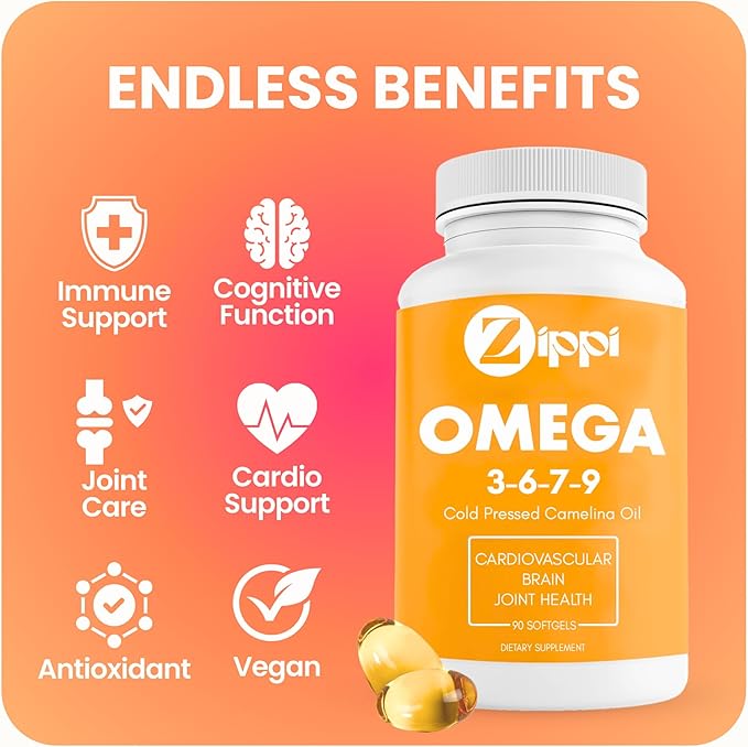 Zippi Omega 3-6-7-9 Camelina Softgels - Plant Based Omega 3-6-7-9 Fatty Acid Supplement. Helps to Support Brain, Liver, Cardiovascular, Immunity and Joint Function