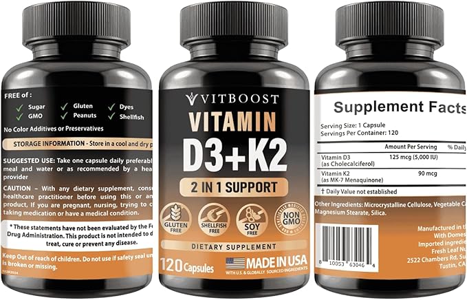 Vitamin D3 K2 Complex - Easy to Swallow - Vitamin D (D3) 5000 IU (125 mcg) & K2(MK-7) 90 mcg | Non-GMO | Gluten-Free | USA Made | 120 Capsules