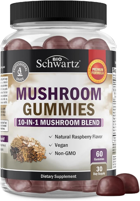Mushroom Gummies for Adults - 10-in-1 Functional Mushroom Supplement for Mood and Focus with Lions Mane Turkey Tail Cordyceps Shiitake Reishi - Vegan, Non-GMO, Fresh Raspberry Flavor, 60 Count