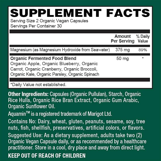 PlantFusion Vegan Magnesium Complex 375mg from Sea Water, Bioavailable Marine Magnesium with Fermented Organic Whole Food Blend, Non-GMO, Muscle & Relaxation Support, 60 Cap