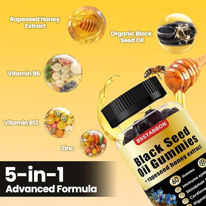 Black Seed Oil Gummies with 1000mg Organic Black Seed Oil, 25mg rapeseed Honey Extract,Vitamin B6,B12 and zinc for Immune System Support (60 Gummies) (60 Count)