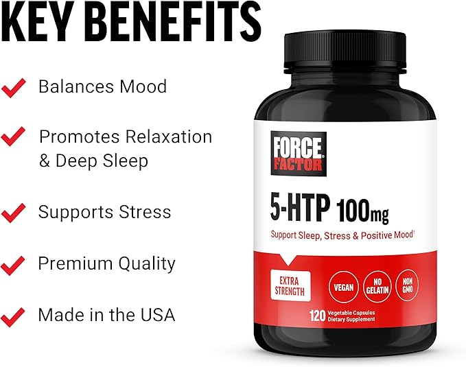 FORCE FACTOR 5HTP Sleep Aid and Mood Support Supplement, Extra Strength 5 HTP, Natural Sleep Supplement for Adults to Support Calm and Stress Balance, Vegan, Non-GMO, 120 Capsules