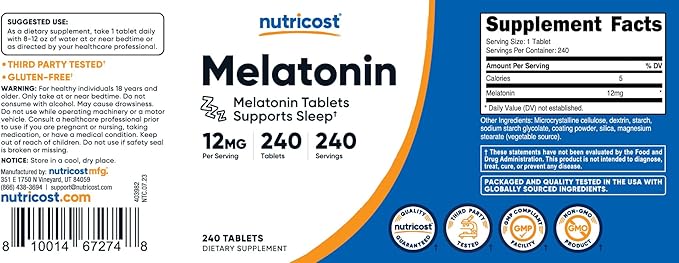 Nutricost Melatonin 12mg, 240 Tablets - 12mg Per Serving, Non-GMO, Gluten Free