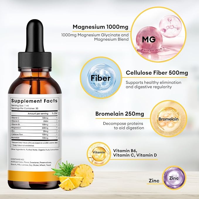 (3 Pack) Magnesium Glycinate Liquid Drops, High Absorption Magnesium Liquid with Bromelain, Vitamin B6 C D, Magnesium Supplement for Kids and Adults, Night & Muscle Support, Pineapple Flavor