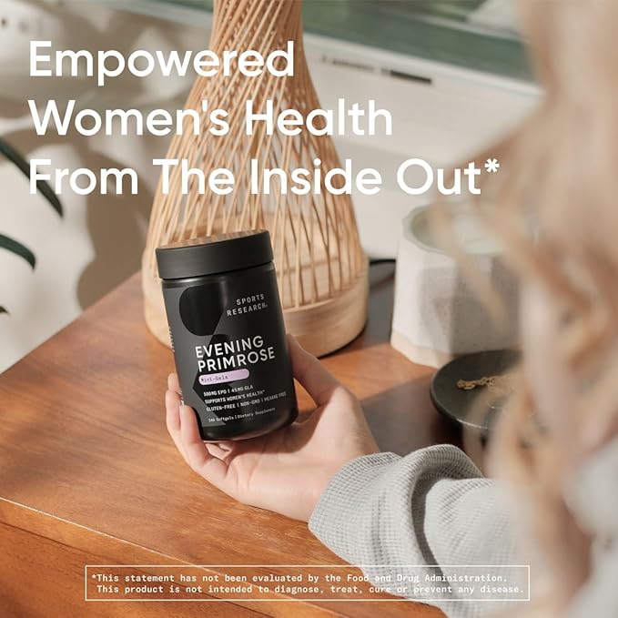 Sports Research Evening Primrose Oil (1300mg) Cold-Pressed with No fillers or Artificial Ingredients, Non-GMO Tested - Gluten and Soy Free (120 Liquid Softgels)