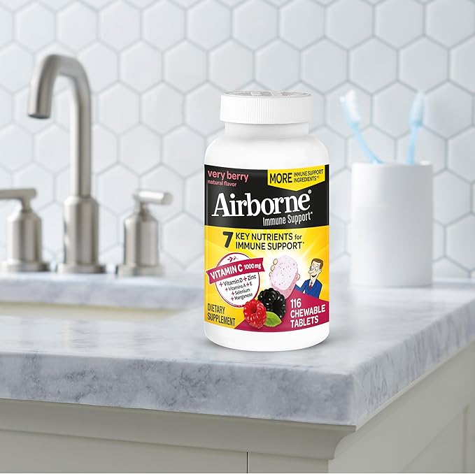 Airborne Vitamin C 1000mg (per Serving) - Very Berry Chewable Tablets (116 Count in a Bottle), Gluten-Free Immune Support Supplement, with Vitamins A C E, Zinc, Selenium, Ginger, Antioxidants