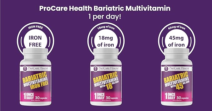 ProCare Health Bariatric Multivitamin with Iron 45mg (90 Easy to Swallow Capsules) - Post Op Bariatric Vitamins for Gastric Bypass Pills for Sleeve Patients, Sustain Recovery & Energy (3 Month Supply)