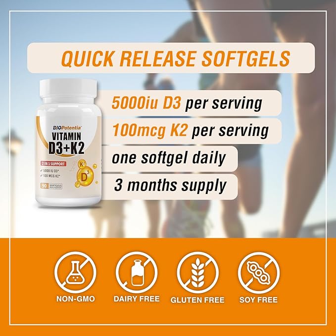 Vitamin D3 K2 with MCT Oil Supplement, Vitamin D3 5000 IU & K2 (MK7), Supports Immune, Bone & Teeth Health - Gluten Free Non-GMO - 90 Softgels