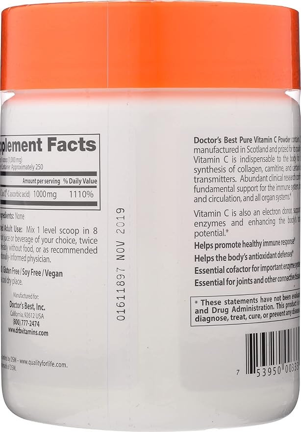 Doctors Best Vitamin C with Quali-C Powder, Non-GMO, Vegan, 250 Grams (Pack of 1)