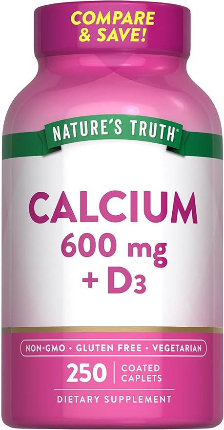 Nature's Truth Calcium 600mg with Vitamin D3 | 250 Caplets | Calcium Carbonate | Vegetarian, Non-GMO & Gluten Free Supplement