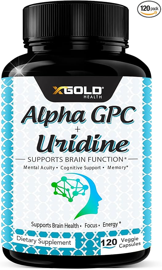 Alpha GPC Choline 600mg + Uridine Monophosphate 300mg-2-in-1 Nootropic Supplement Helps Boost Focus, Energy & Cognitive Performance -Potent Mood Enhancer & Brain Focus Supplements -120 Veggie Capsules