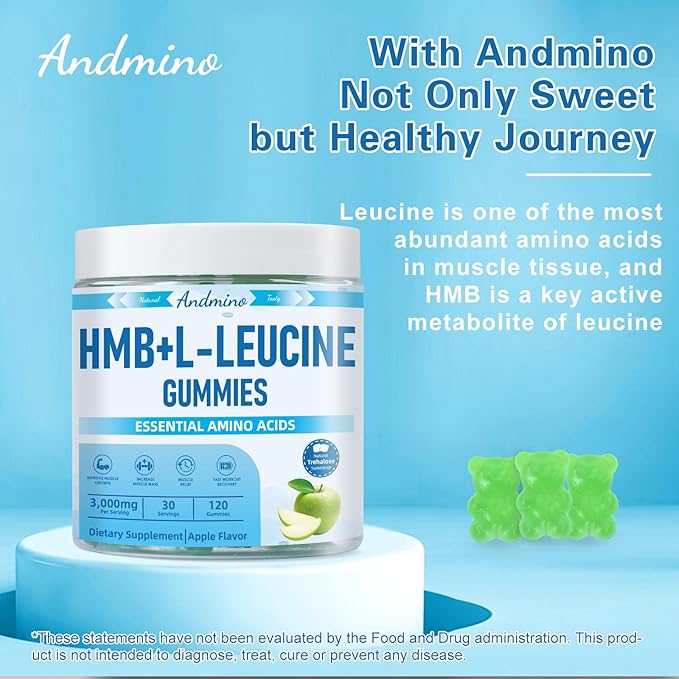 HMB and L-Leucine Gummies, 3000mg, with Trehalose, for Muscle Growth, Muscle Relief and Workout Recovery, for Adults & Elder, Non-GMO, Vegan, Gluten Free, Apple Flavor, 120