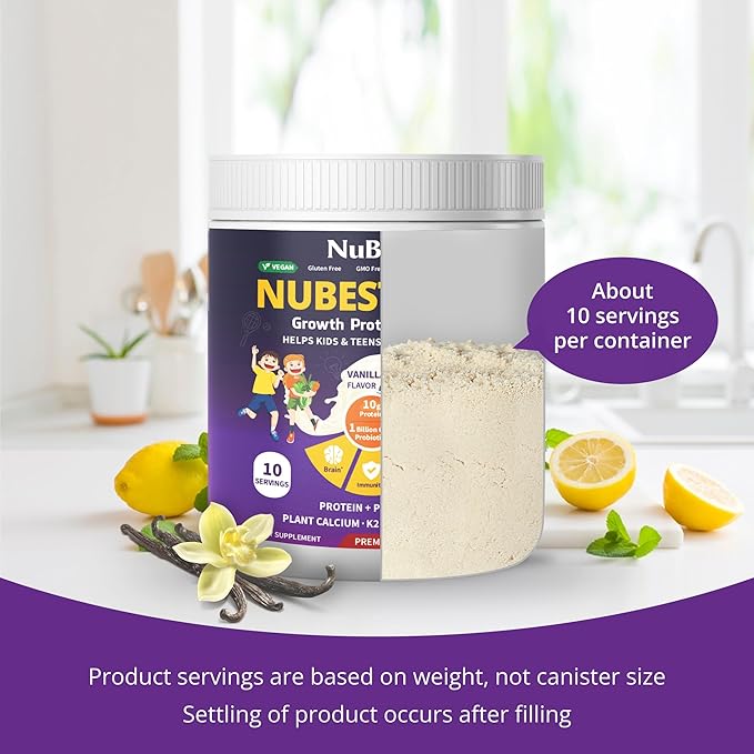 NuBest Tall Protein Powder for Kids & Teens - Vegan Vanilla Protein Powder Shake with Organic Red Algae Calcium, Probiotics, Omega 3-6-9, Vitamin D3 + K2 & Magnesium from Marine Algae - Pack 3