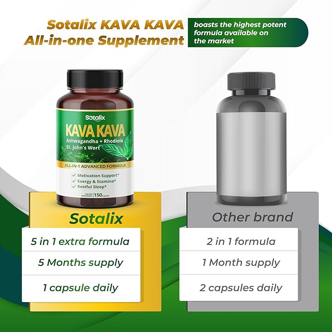 Sotalix Kava Kava Supplement with Ashwagandha Rhodiola St. John's Wort for Mood, Energy & Calming Support - USA Made & Tested (150 Count (Pack of 1))