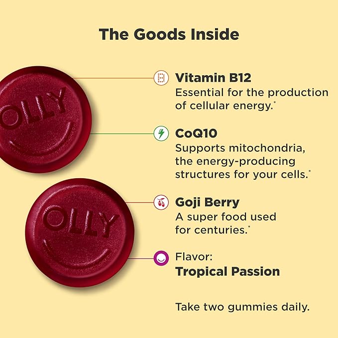 OLLY Muscle Recovery Sleep Gummies, Sleep and Sore Muscle Support, 3mg Melatonin, Tart Cherry & Daily Energy Gummy, Caffeine Free, Vitamin B12, CoQ10, Goji Berry, Adult Chewable Supplement