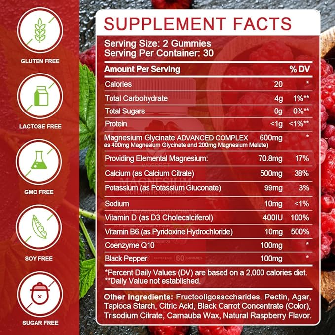 400mg Magnesium Glycinate Gummies with 200mg Magnesium Malate, Vitamin D, B6, and CoQ10, Magnesium Glycinate Supplement for Relaxation and Cognition, Sugar Free, Raspberry Flavor - 60 Gummies