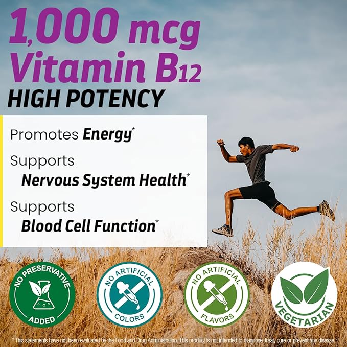 Vitamin B12 1000 Mcg, B12 Vitamins 1000 Mcg Help to Increase Metabolism, Energy Production and Nervous System Support, 90 Chewable Tablets - 1 Tablet Per Serving, Non-GMO & Gluten Free