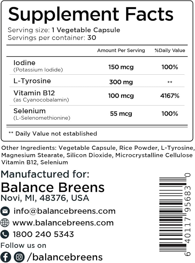 Balancebreens Thyroid Support Supplement with Iodine, L-Tyrosine, Vitamin B12 & Selenium, 30 Veg Capsules - Energy, Metabolism & Focus Support