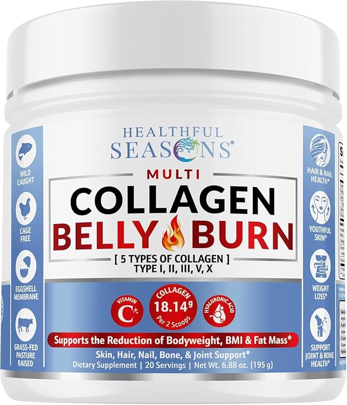 Multi Collagen Belly Burn: Hydrolyzed Peptides Powder with Hyaluronic Acid and Vitamin C + L-Carnitine and Glucomannan - Unflavored