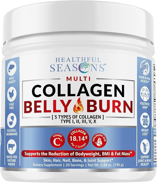 Multi Collagen Belly Burn: Hydrolyzed Peptides Powder with Hyaluronic Acid and Vitamin C + L-Carnitine and Glucomannan - Unflavored