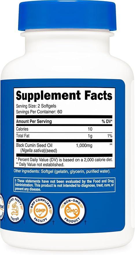 Nutricost Black Seed Oil (Cumin) - Cold Pressed, Source of Omega 3 6 9-120 Softgels, 1000mg Per Serving, 60 Servings - Non-GMO and Gluten Free