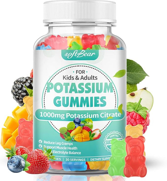 softbear Potassium Citrate Gummies, High Potency Potassium Citrate 1000mg Supports Leg Cramps & Muscle Health Potassium Gummies for Adults & Kids Mixed Fruit Flavor 60 Count