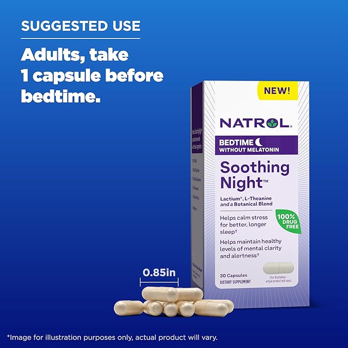 Natrol Soothing Night With Lactium, L-Theanine & a Botanical Blend, Dietary Supplement for Bedtime Without Melatonin to Calm Stress and Support Sleep, Clarity & Alertness, 30 Capsules, 30 Day Supply