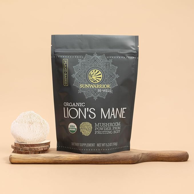 Sunwarrior Lions Mane Supplement Organic Mushroom Powder | Lion's Mane Powder Focus Supplement Mushroom Tea | 150g Pouch 60 Servings | Be Well