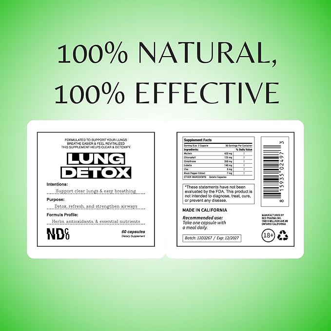 Powerful Lung Detox & Cleanse - Mullein, Chlorophyll, Zinc | Respiratory Support with Glutathione for Smokers & Vapors | Easy Breathing by NDCO