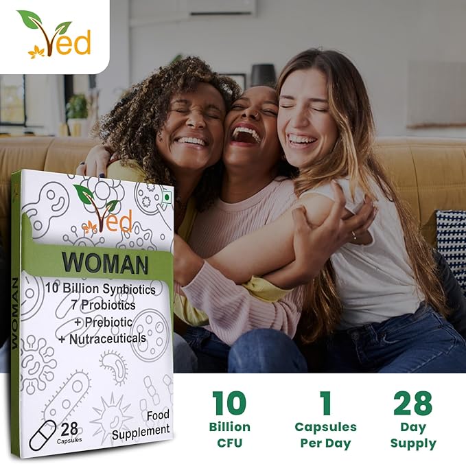 Ved Woman Complex Probiotics and Prebiotics Complex - 10 Billion CFU - 20 Live Bacterial Cultures - 28 Probiotic Complex Capsules for Woman- Lactobacillus crispatus, Silicon Dioxide.
