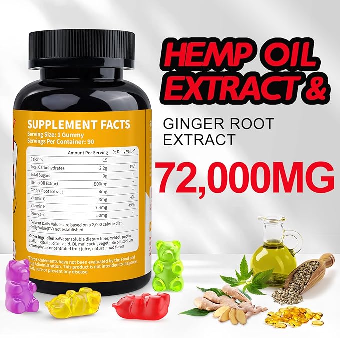 Hemp Gummies High Potency, Organic Hemp Supplement for Peaceful Bedtime, Pain, Mood - with Pure Hemp Oil Extract - Natural Edibles Hemp Gummy Bears - Vegan, Non-GMO, Sugar Free