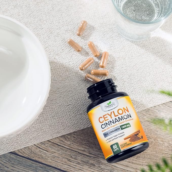 Organic Ceylon Cinnamon Capsules 1800mg - Pure Ceylon Cinnamon Supplements, 1800 mg Certified Organic Powder, Bottled in USA, Non-GMO Gluten Free Sugar Free, Antioxidant Pills Supplement, 60 Capsules