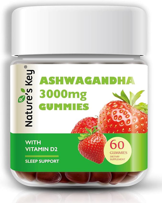 Nature's Key Ashwagandha Gummies, 3000mg High Potency Ashwagandha Root Extract with Vitamin D2, Stress, Calm Mood & Cognition, for Men & Women, Strawberry Flavor (60 Count (Pack of 1)