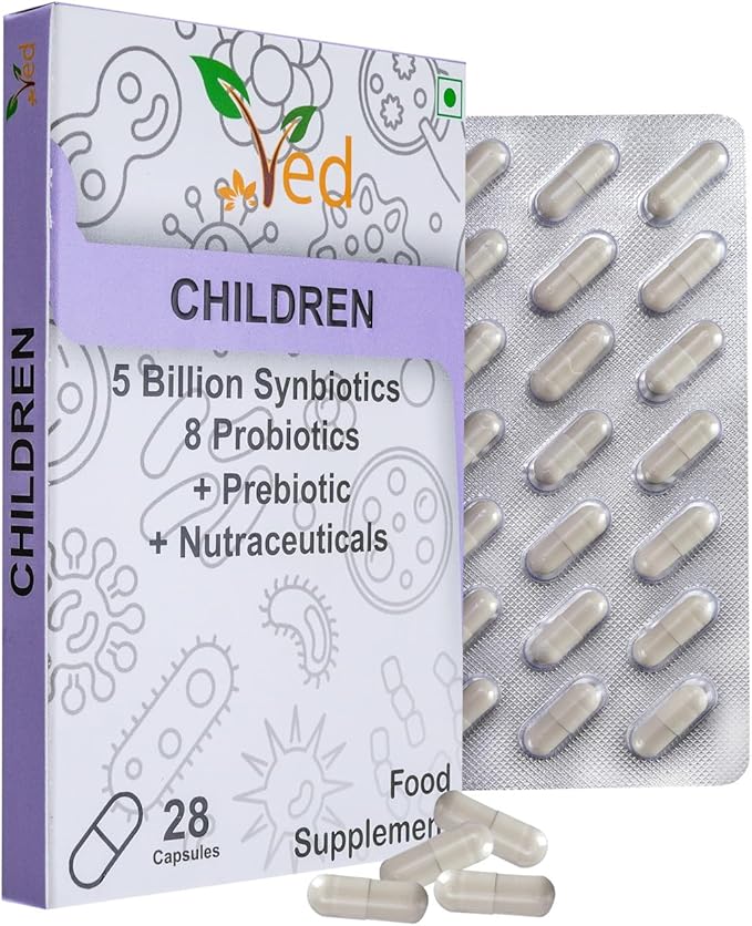 Ved Children Complex Probiotics and Prebiotics Complex - 5 Billion CFU - 20 Live Bacterial Cultures - 28 Probiotic Complex Capsules for Children - Lactobacillus helveticus, Silicon Dioxide
