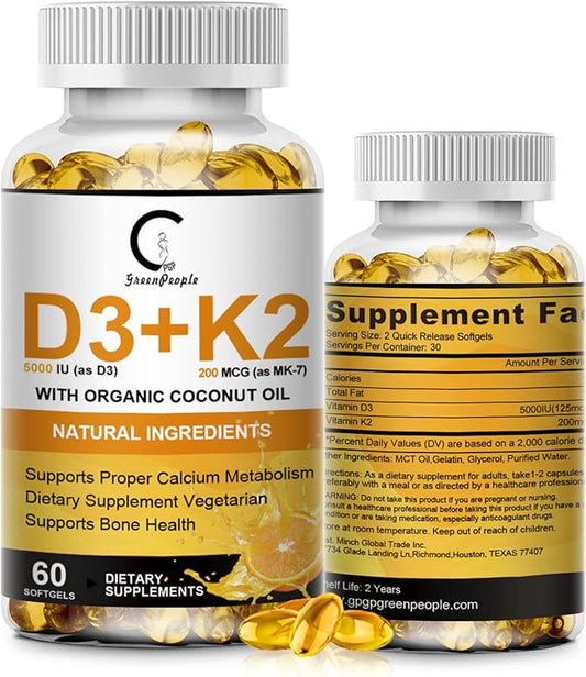 Vitamin D3 K2 Supplement with Vitamin D3 5000 IU, 200 mcg Vitamin K2 MK-7 & Natural Coconut Oil, Plant Based 2-1 Formula for Bone, Teeth, Muscle and Immune Health Support (60 Count (Pack of 1))