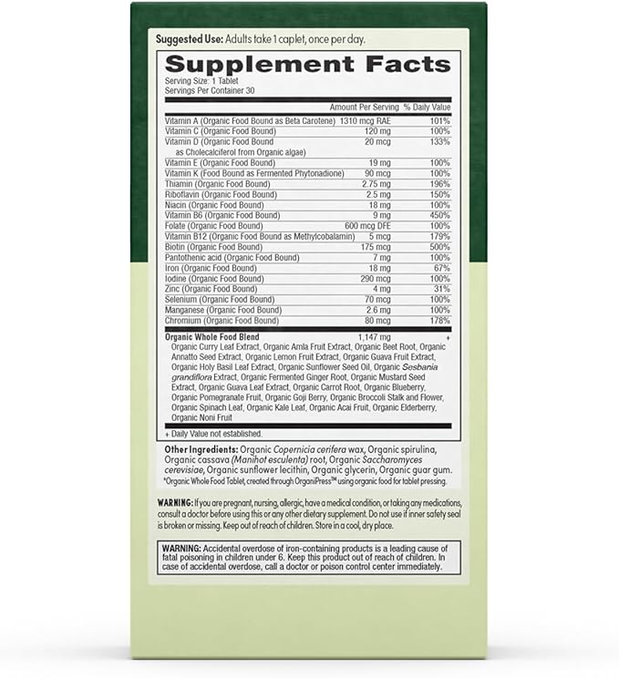 Prenatal Once Daily Multivitamin for Women for Conception, Pregnancy, Postpartum & Breastfeeding, Folate, Iron & Organic Whole Food Blend, 30 Count